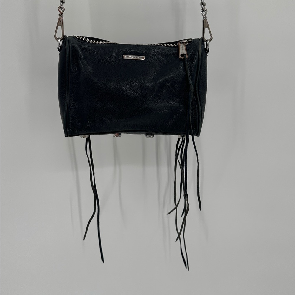 Rebecca Minkoff Black Leather Fringe Crossbody Bag With Silver Chain Strap - Picture 4 of 11
